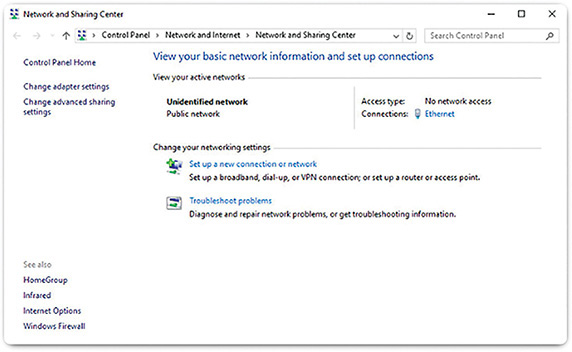 A screenshot shows the Network and Sharing Center of Windows 10.