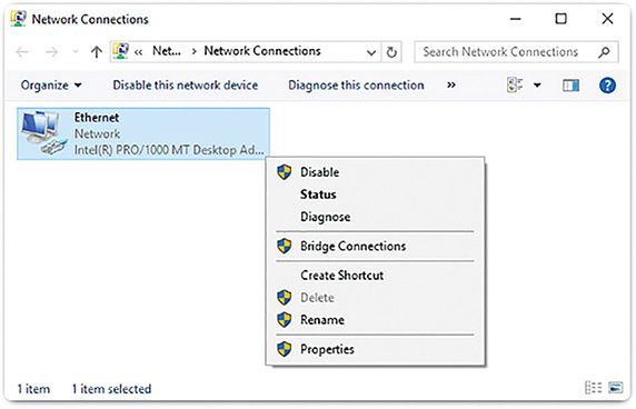 A screenshot shows the Network Connections of Windows 10. In the network connections window, "Ethernet" device is selected that displays a list of sub-menus.