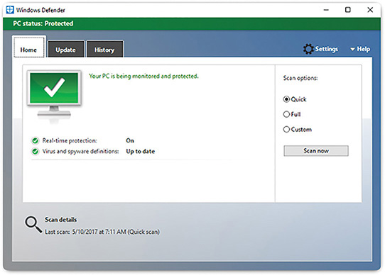 A screenshot shows the "Windows Defender" window.