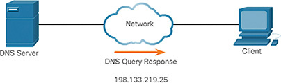 A figure shows the fourth step of Resolving DNS address. The DNS server is connected to a Client through a network, and sends the "DNS query response, 198.133.219.25” points toward the left.