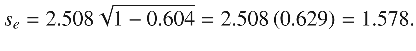 $$ s_{e} = 2.508\sqrt {1 - 0.604} = 2.508\left( {0.629} \right) = 1.578. $$