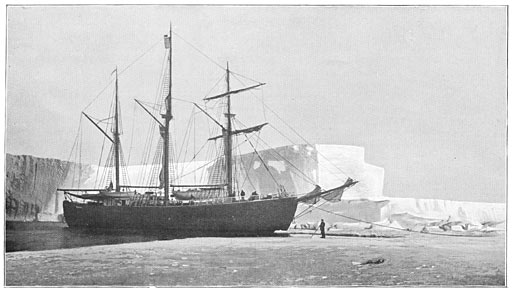 De Fram ankert in de Walvischbaai. Op den voorgrond de IJszee, op den achtergrond de Groote Barrière.