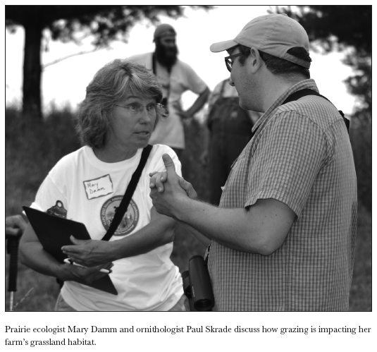 Image: Prairie ecologist Mary Damm and ornithologist Paul Skrade discuss how grazing is impacting her farm’s grassland habitat.