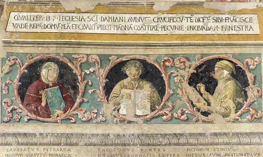 Benozzo Gozzoli,Petrarca, Dante e Giotto, particolare, 1452, affresco, Montefalco, Museo Civico di San Francesco 