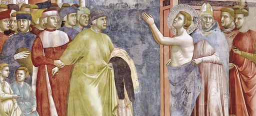 Giotto,Storie di san Francesco, La rinuncia ai beni paterni, particolare, 1295-1297/1299, affresco, Assisi, Basilica Superiore di San Francesco 