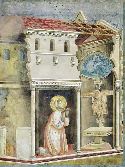 Giotto,Storie di san Francesco, San Francesco dinanzi al Crocifisso in San Damiano, intero, 1295-1297/1299, affresco, Assisi, Basilica Superiore di San Francesco 