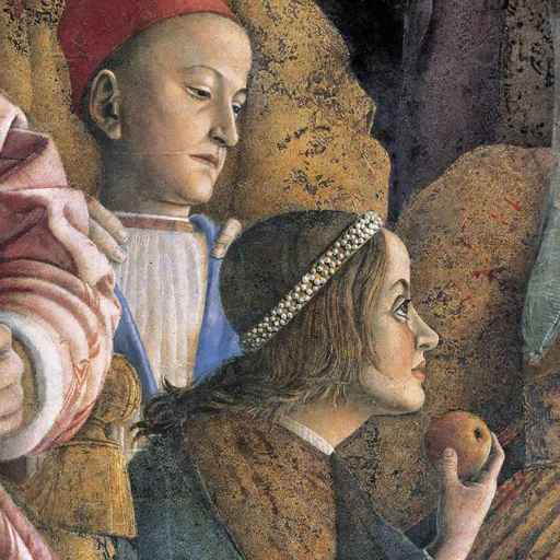 Andrea Mantegna,Famiglia e corte di Ludovico Gonzaga, particolare, 1465-1474, affresco e tempera a secco, Mantova, Palazzo Ducale, Camera degli sposi 