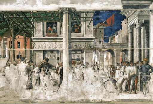 Andrea Mantegna,Martirio di san Cristoforo e Trasporto del corpo del santo, 1454-1457, affresco, Padova, chiesa degli Eremitani, cappella Ovetari 