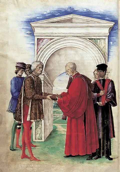 Giovanni Bellini,Jacopo Antonio Marcello consegna il manoscritto a René di Anjou, 1459, tempera su pergamena, cm 37