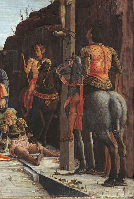 Andrea Mantegna,Crocifissione, particolare con i soldati a cavallo, 1456-1459, tempera su tavola, Parigi, Musée du Louvre 