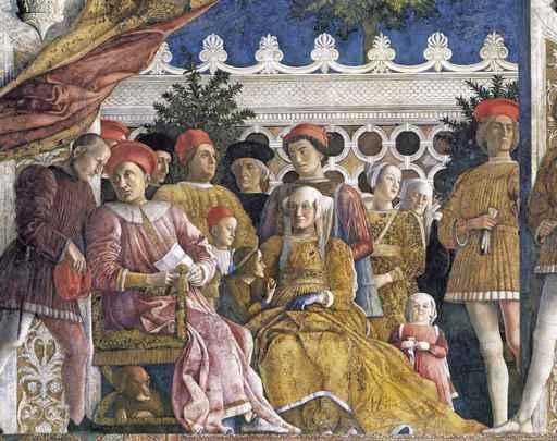 Andrea Mantegna,Famiglia e corte di Ludovico Gonzaga, particolare, 1465-1474, affresco e tempera a secco, Mantova, Palazzo Ducale, Camera degli sposi 