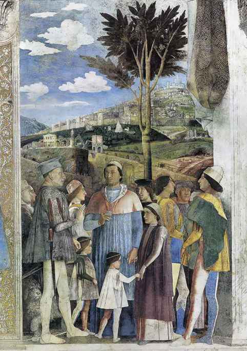 Andrea Mantegna,Ritorno da Roma del cardinale Francesco Gonzaga, 1465-1474, affresco e tempera a secco, Mantova, Palazzo Ducale, Camera degli sposi 