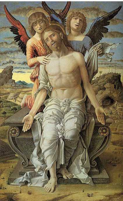 Andrea Mantegna,Cristo in pietà sorretto da due angeli, 1489, tempera su tavola, cm 83