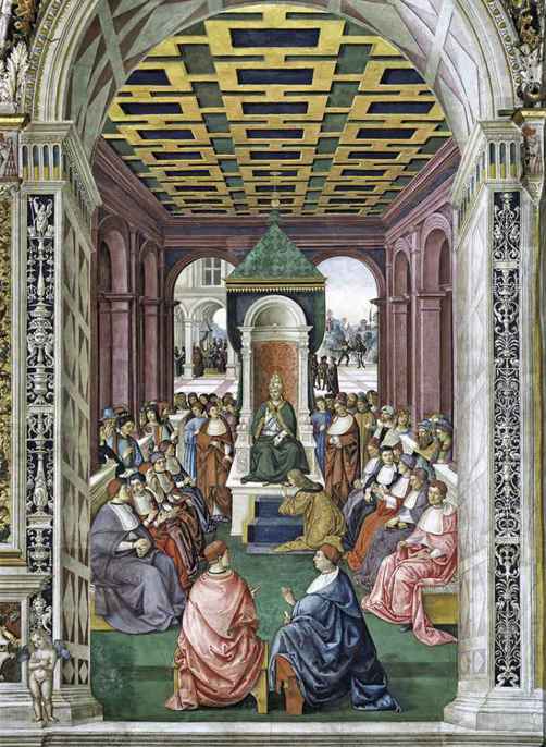 Pinturicchio,Scene della vita di Pio II: atto di sottomissione al pontefice Eugenio IV a nome di Federico III, 1503-1508, affresco, Siena, Duomo, Libreria Piccolomini 