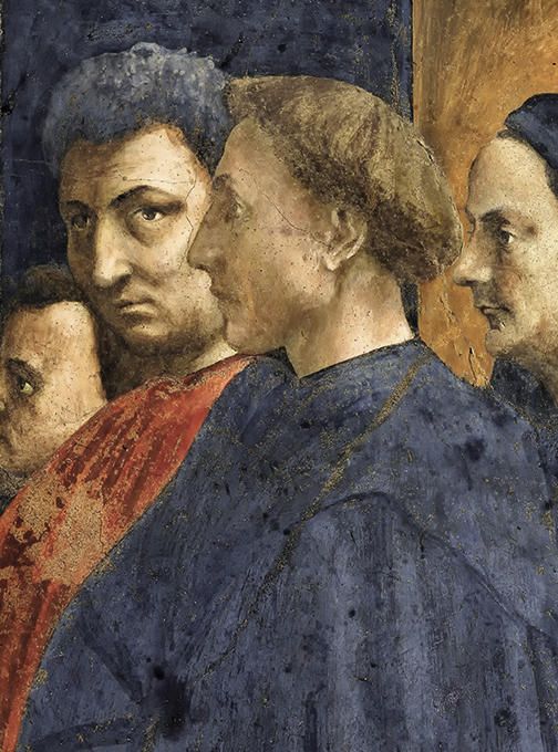 Masaccio,Resurrezione del figlio di Teofilo e san Pietro in cattedra, particolare con i ritratti di Leon Battista Alberti, Masaccio e Brunelleschi, 1425-1426, affresco, Firenze, Santa Maria del Carmine, cappella Brancacci 