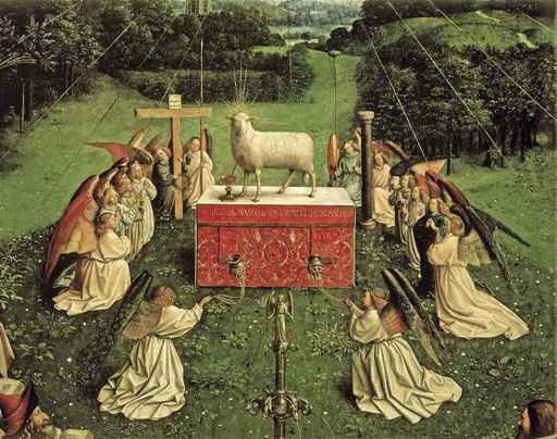 Jan Van Eyck,Polittico dell’Agnello Mistico, particolare con l’adorazione, 1426-1432, olio su tavola, Gand, San Bavone 