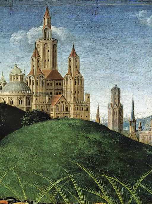 Jan Van Eyck,Polittico dell’Agnello Mistico, particolare di città con cattedrale 