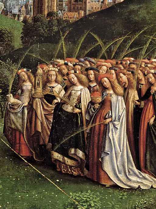 Jan Van Eyck,Polittico dell’Agnello Mistico, particolare con corteo di sante 