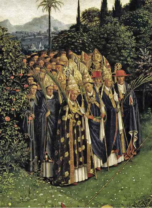 Jan Van Eyck,Polittico dell’Agnello Mistico, particolare del corteo degli ecclesiastici, 1426-1432, olio su tavola, Gand, San Bavone 