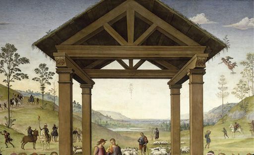 Particolari architettonici da: Pietro Perugino,Adorazione dei Magi, 1504, affresco, Città della Pieve, Oratorio di Santa Maria dei Bianchi 