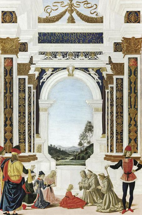 Pietro Perugino,San Bernardino risana da un’ulcera la figlia di Giovanni Antonio Petrazio da Rieti, 1473, tavola, cm 79