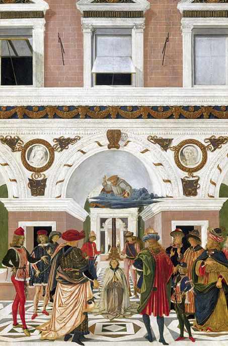 Pietro Perugino e Pinturicchio, San Bernardino restituisce, post mortem, la vista a un cieco, 1473, tavola, cm 79