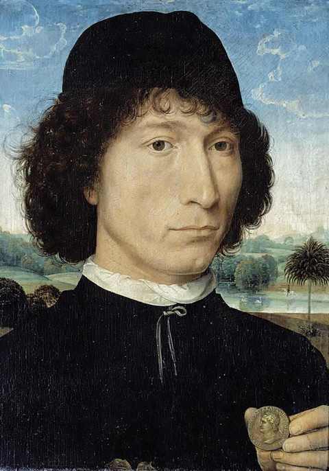 Hans Memling,Ritratto di uomo con medaglia, 1471-1474, olio su tavola, cm 31