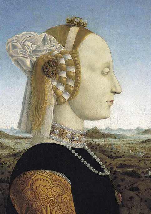 Piero della Francesca,Dittico di Urbino, Ritratto di Battista Sforza, 1474 ca, olio su tavola, cm 47