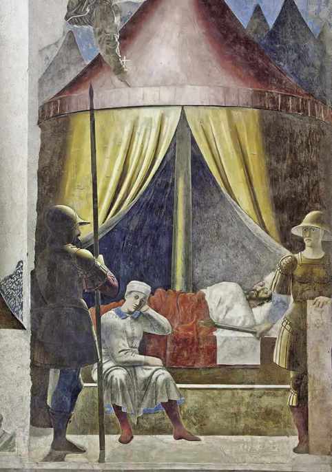 Piero della Francesca,Leggenda della Vera Croce, Sogno di Costantino, 1452-1459, affresco, cm 329