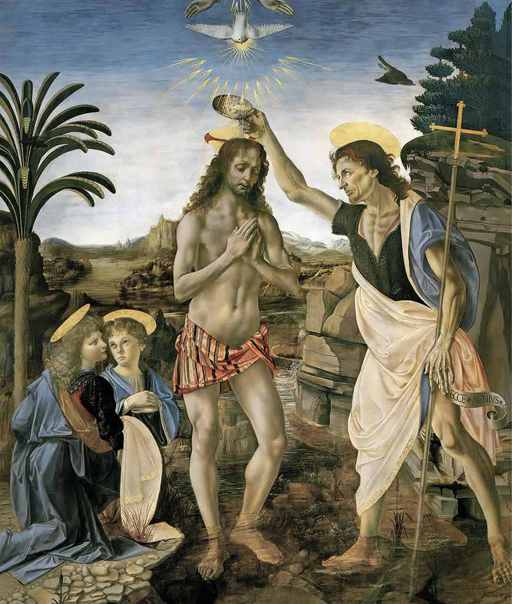 Verrocchio e Leonardo,Battesimo di Cristo, 1475-1478 ca, olio e tempera su tavola, cm 177