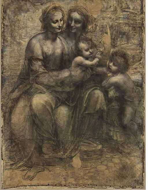 Leonardo,Sant’Anna Metterza, 1501 (?) – 1505 ca, gessetto nero e biacca su carta, cm 141,5