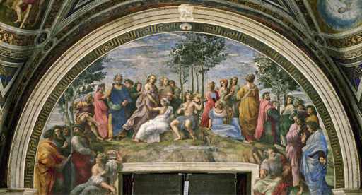 Raffaello,Parnaso, 1511, affresco, Città del Vaticano, Musei Vaticani, Stanza della Segnatura 