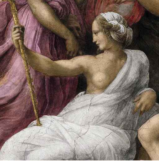 Raffaello,Parnaso, particolare con Calliope, 1511, affresco, Città del Vaticano, Musei Vaticani, Stanza della Segnatura 