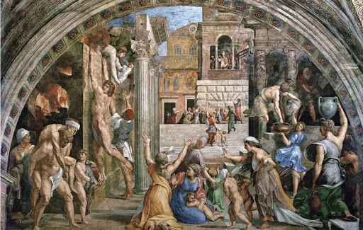 Raffaello e aiuti,Incendio di Borgo, 1514 ca, affresco, Città del Vaticano, Musei Vaticani, Stanza dell’Incendio 