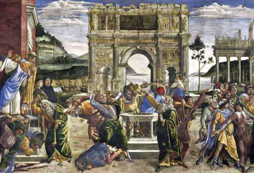 Sandro Botticelli,Punizione dei ribelli, 1480-1482, affresco, Città del Vaticano, Musei Vaticani, Cappella Sistina 