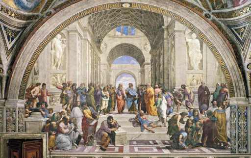 Raffaello,La scuola di Atene, intero, 1509, affresco, Città del Vaticano, Musei Vaticani, Stanza della Segnatura 