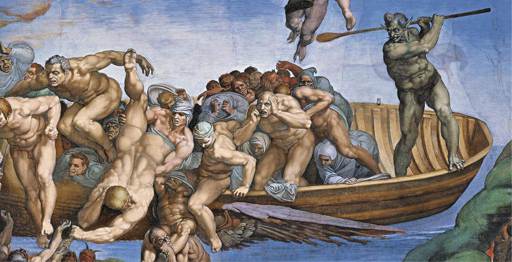 Michelangelo,Giudizio Universale, particolare con la barca di Caronte 