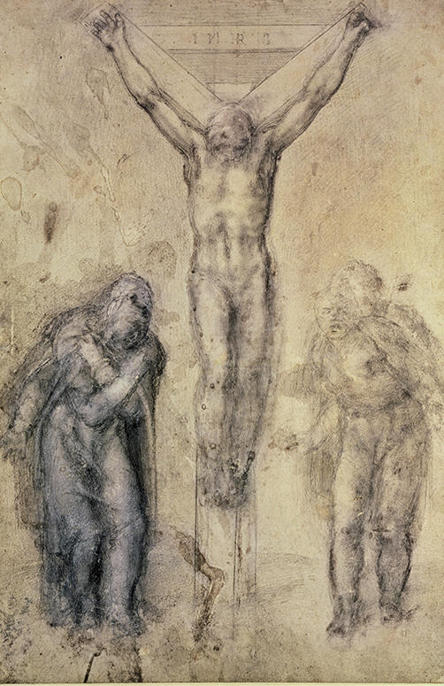 Michelangelo,Studio per una crocifissione con Maria e san Giovanni, 1560 circa, matita e carboncino su carta, cm 56