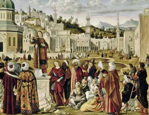 Vittore Carpaccio,Predica di santo Stefano, intero, 1514, olio su tela, cm 148