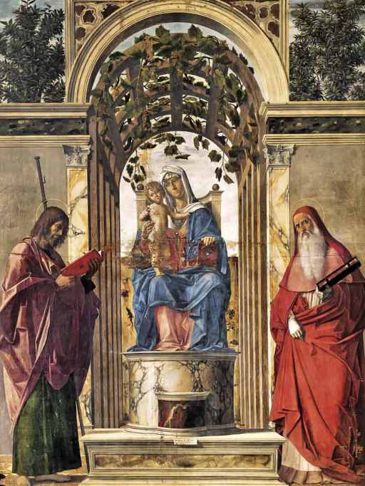 Cima da Conegliano,Madonna in trono tra i santi Giacomo apostolo e Girolamo, intero, 1489, olio su tela, cm 214