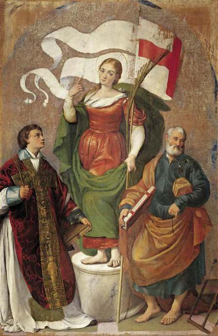 Jacopo Bassano,Sant’Orsola tra i santi Valentino e Giuseppe, intero, 1542, olio su tela, cm 168