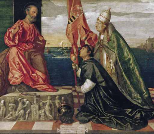 Tiziano,Jacopo Pesaro presentato a san Pietro da papa Alessandro VI Borgia, 1503-1506, olio su tela, cm 145