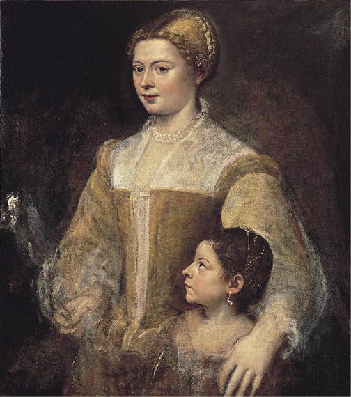 Tiziano,Ritratto di donna con fanciulla, 1555 ca, olio su tela, cm 88