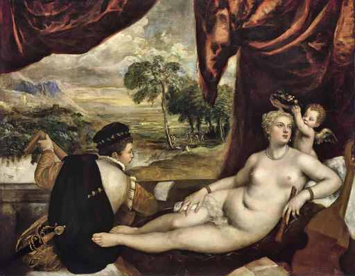 Tiziano,Venere con suonatore di liuto, 1565-1570, olio su tela, cm 165