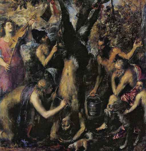 Tiziano,La punizione di Marsia, 1570-1576, olio su tela, cm 212