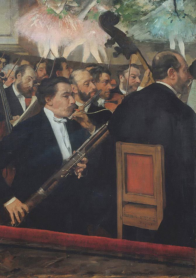 Edgar Degas, L’orchestra dell’Opéra, 1870 ca, olio su tela, cm 56,5×46, Parigi, Musée d’Orsay