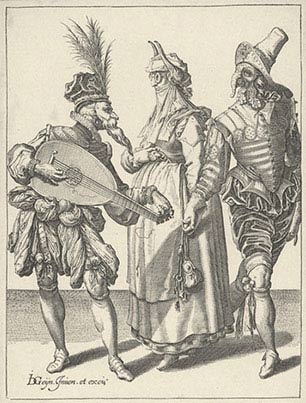 Jacob de Gheyn II, Tre maschere, 1565-1629, incisione, cm 28,2×21,1, Londra, Victoria and Albert Museum