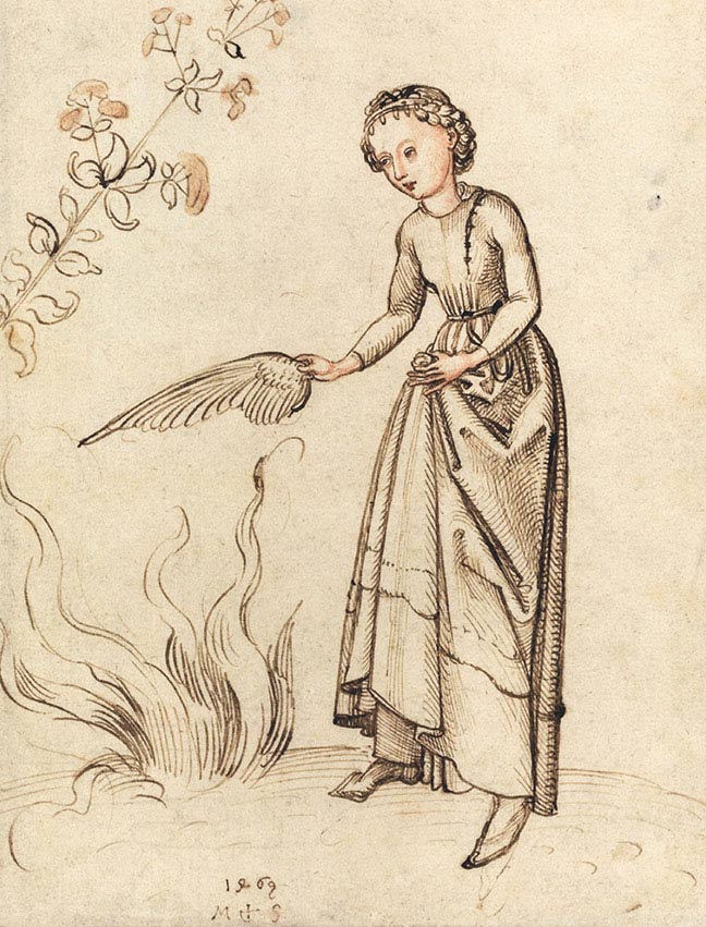 Martin Schongauer, Giovane donna alimenta il fuoco con un’ala d’uccello, 1469, disegno con tocchi di guazzo rosa e rosso, cm 18,3×14,2, Londra, British Museum