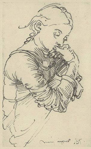 Albrecht Dürer, Agnes Dürer, 1495-1497, disegno a penna su carta, cm 15,6×9,8, Vienna, Albertina, Graphische Sammlung