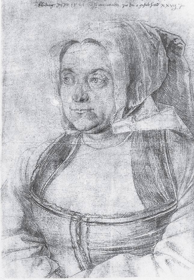 Albrecht Dürer, Agnes Dürer in costume olandese, 1521, disegno con punta metallica in inchiostro marrone su carta preparata viola scuro, cm 40,7×27, Berlino, Staatliche Museen, Kupferstichkabinett